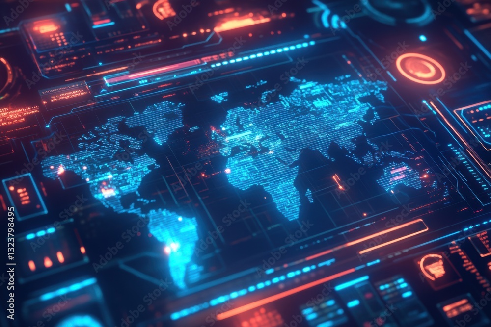 Poster digital world map: a futuristic and modern digital world map. it showcases a detailed representation