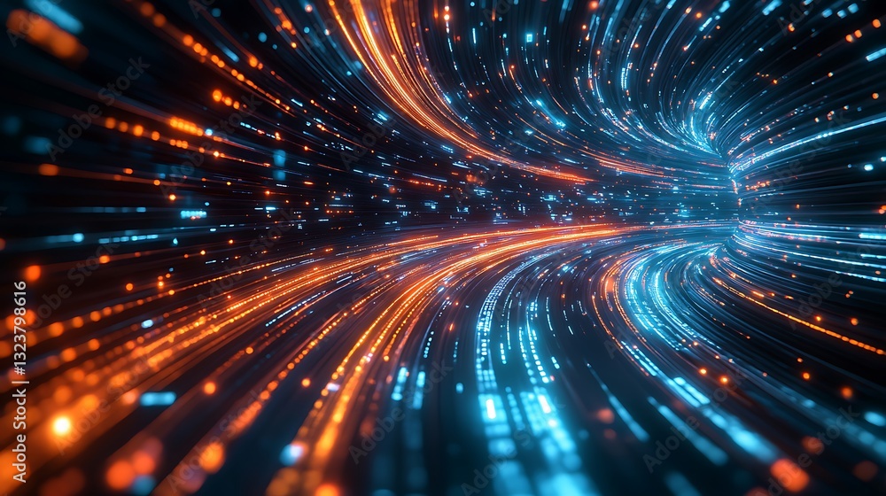Poster futuristic data stream: high-speed digital tunnel with orange and blue light trails for network tech