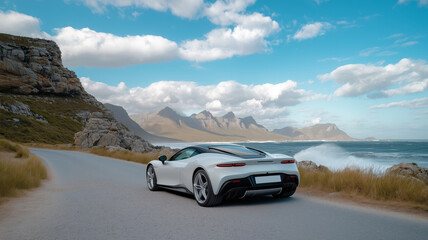 Fototapeta premium Sleek white sports car on coastal road with mountain view under blue sky