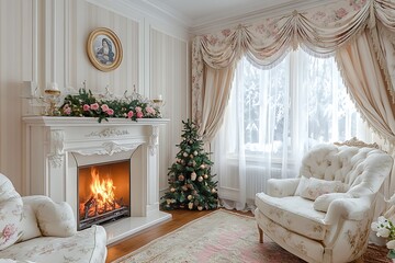 Elegant living room with fireplace, Christmas tree, and ornate furniture.