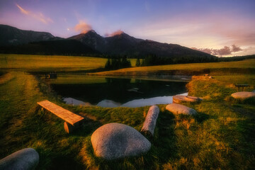lake with benches under the Belianske Tatras near Zdiar