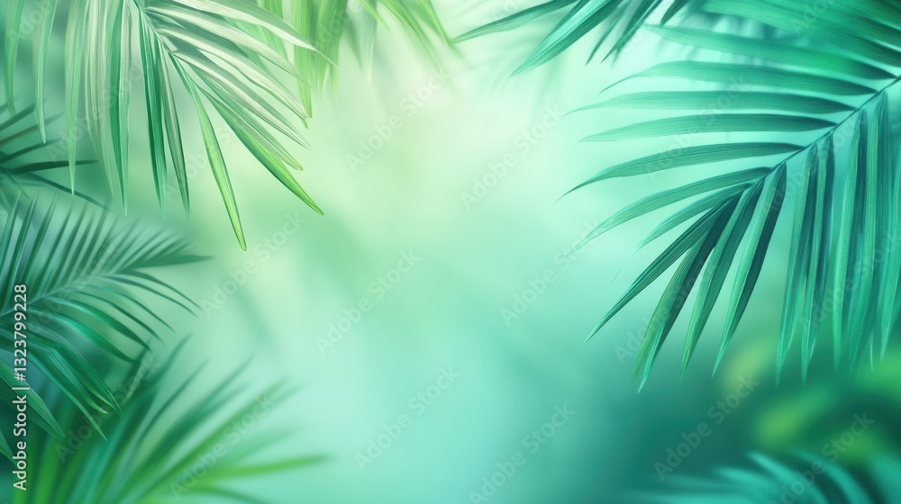 Fototapete tropical vibes with soft gradient background and vibrant palm leaves in green and teal tones for a f