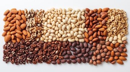 Naklejka premium A vibrant array of dried nuts, their textures and natural hues showcased against a pristine white backdrop, a testament to the beauty and versatility of nature s bounty.