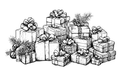 Christmas gifts with pinecones and bows in black and white - vector, linear icons set.