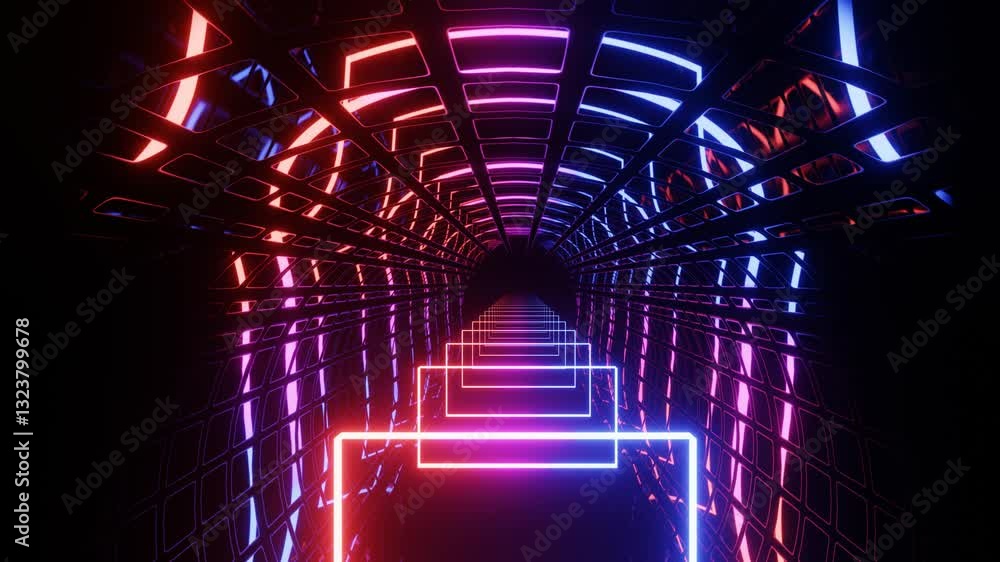 Poster hi-tech neon sci-fi tunel. trendy neon glow lines form pattern and construction in mirror tunnel. sc
