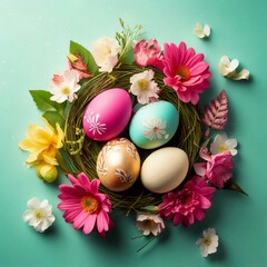 Generated imageGenerated imageSpring Colors, Easter Decorations of Flowers and Eggs.