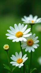 Obraz premium Fresh daisy flowers blooming in a lush green garden with bell-shaped blooms and delicate petals, flowers, greenery, gardening
