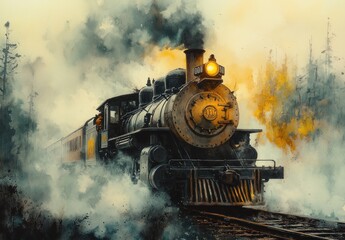 Vintage Steam Locomotive Watercolor Painting Billowing Smoke Nostalgia