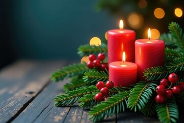 Fresh evergreen branches with red berries and candles, branches, winter
