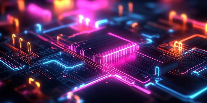 High Bandwidth Data Transfer Circuit Tracing with Neon Glow in Cyberpunk Style