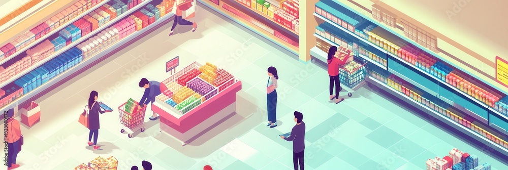 Aufkleber Isometric illustration of a modern grocery store bustling with animated shoppers selecting fresh products in a pastel color scheme