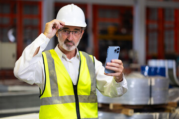 Senior manager Quality inspector using smartphone metal sheet profiling factory. Industrial production. Teamwork