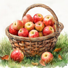 A watercolor painting of a wicker basket filled with red and golden apples, resting on green grass.