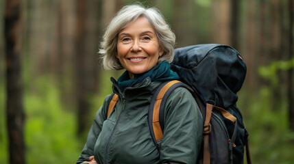 Woman with silver hair wearing a green jacket and hiking backpack in a forest. Hiking and exploration lifestyle