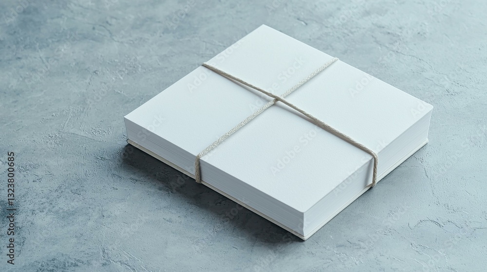 Aufkleber a stack of white paper tied with a brown string on a gray surface, minimalistic presentation.
