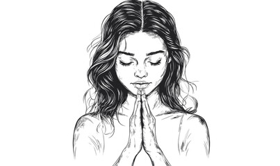 Peaceful woman with hands together - flat icons set - linear vector.