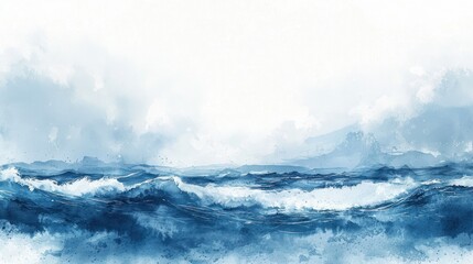 A watercolor painting depicts ocean waves and cloudy skies