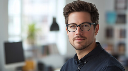 Obraz premium Young professional exuding confidence in a modern workspace, embodying creativity and focus.