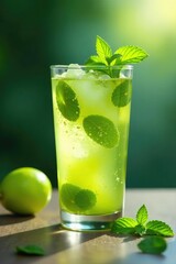 Glass of sparkling juice with a sprig of mint, cool, green, revitalizing
