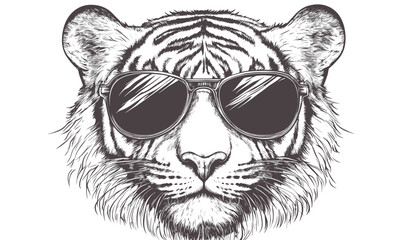 Obraz premium Cool tiger wearing sunglasses in linear design, animal face flat icons set, vector.