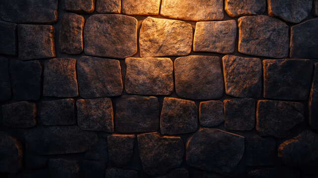 Textured cobblestone wall with warm lighting creates rustic atmosphere. uneven stones and shadows add depth, making it ideal for fantasy or historical settings