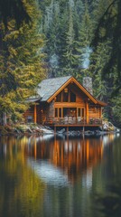 Cozy wooden cabin by serene lake surrounded by trees