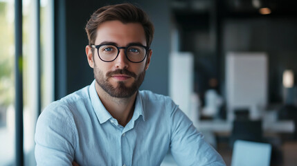 Young professional exuding confidence in a modern workspace, embodying creativity and focus.