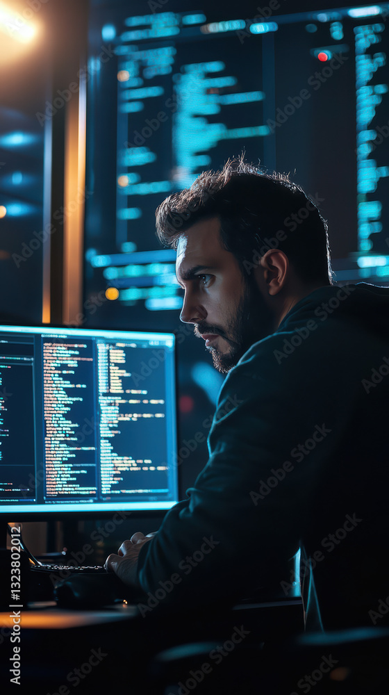 Poster cyber security sentinel: a focused and determined individual, deeply immersed in the intricate world
