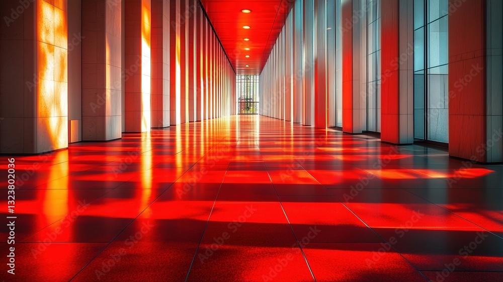 Aufkleber warm sunset light reflecting on the shiny red floor of a modern architecture corridor with columns a