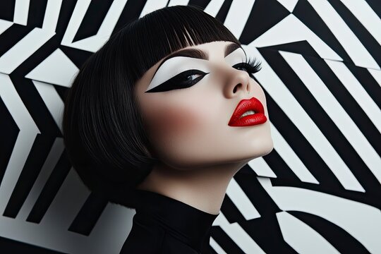 Fototapeta Woman posing against bold black and white optical illusion backdrop with dramatic makeup and closed eyes creating a striking and modern image