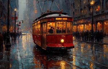 Vintage Tram Rainy Cityscape Night Impressionist Landscape with Warm Lighting and Bustling Crowd © Margarita