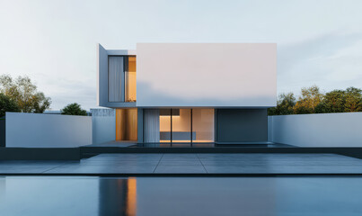 Modern minimalistic architecture at dusk with clean lines and tranquil water features