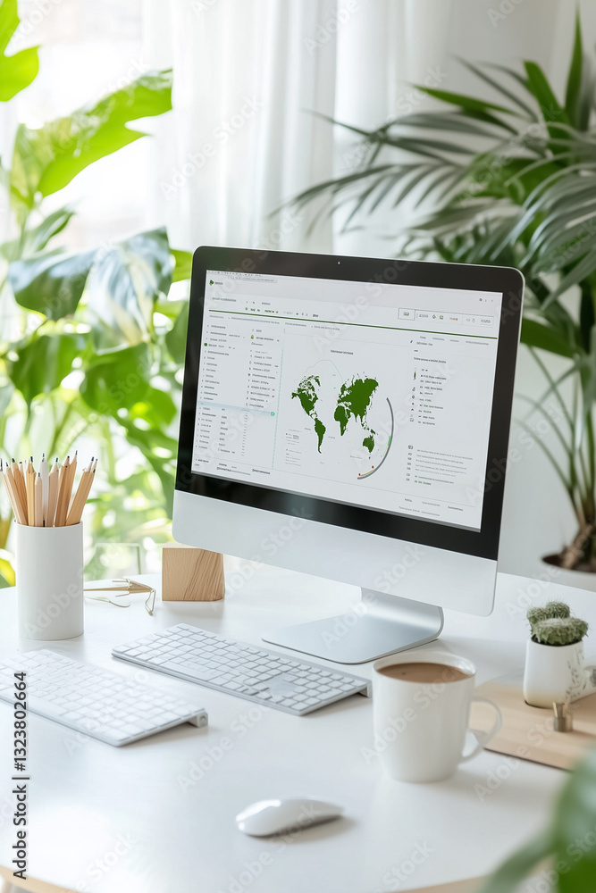 Poster a sleek desktop setup showcases a computer with a world map on the screen. potted plants, stylish st