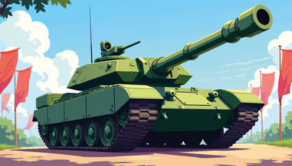 Fototapeta premium Green tank parked on a road with red flags
