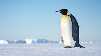 Fototapeta premium Emperor Penguin Amidst Icy Realm: A majestic Emperor penguin stands regally on a vast expanse of snow, with icebergs in the distant horizon under a bright blue sky.
