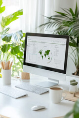 A sleek desktop setup showcases a computer with a world map on the screen. Potted plants, stylish stationery, and a warm mug create an inviting atmosphere in the workspace