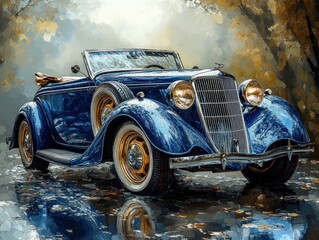 Vintage Classic Car in Deep Blue and Gold Accents Fine Art Oil Painting
