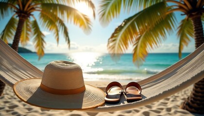 Obraz premium Hat and sandals in hammock with beach relaxation