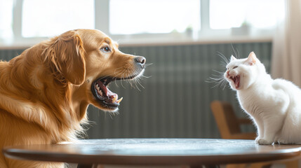 Golden retriever and white cat with open mouths on table. Pet communication