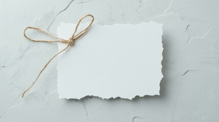 Blank torn paper card on textured surface tied with a simple string, perfect for invitations or place settings.