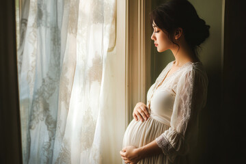 Young pregnant woman in elegant lace dress reflecting by window light.
