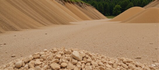 Loose materials like crushed stone granite gravel river sand quarried sand and expanded clay aggregates are depicted in a ravine or quarry