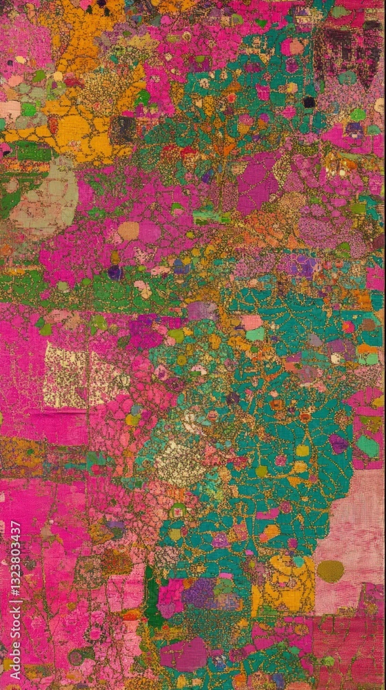 Poster abstract digital art with vibrant colors and textures featuring various shapes and patterns with a v