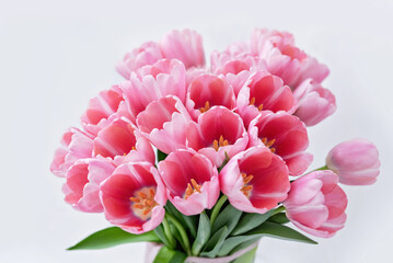 Mothers day, Valentines Day, Birthday celebration concept. Greeting card. Beautiful Bouquet of pink delicate tulips. Copy space for text, top view. Spring background. March 8, International Womens Day