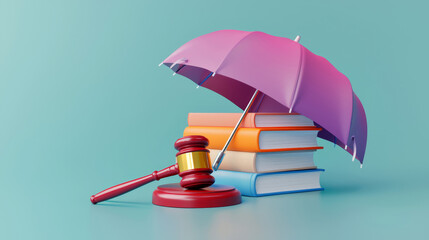 Umbrella insurance coverage concept. Colorful umbrella over law books and a gavel symbolizing legal protection.