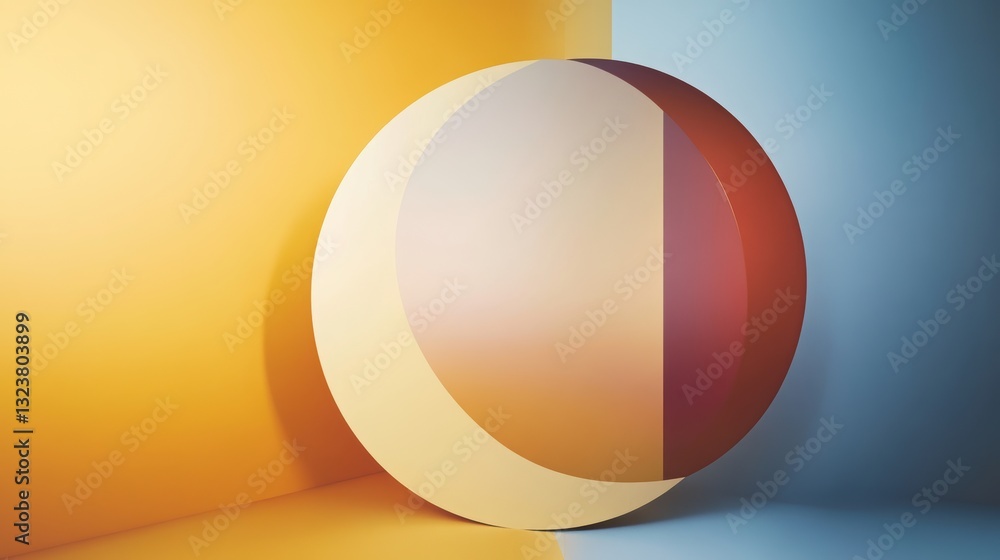 Poster geometric harmony: an abstract composition featuring a vibrant sphere casting dynamic shadows, showc