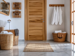 Modern entrance hall featuring natural decor and wooden door design in a cozy home setting