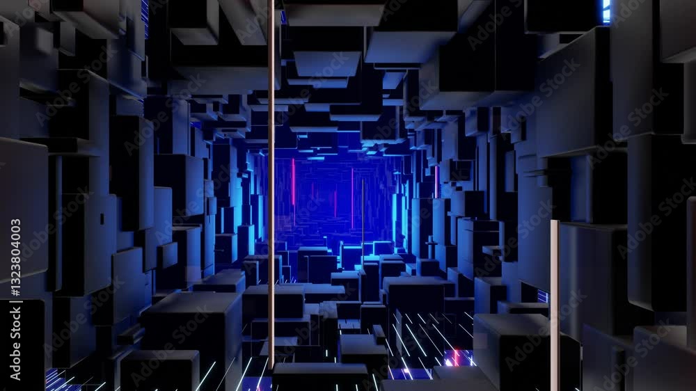 Poster tunnel with neon light. sci-fi bg fly through tech digital space. concept of hi-tech information flo