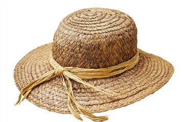 Straw hat with frayed edges on white background. AI generative