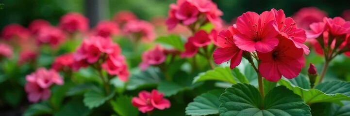 Pink-red geranium blooms on a bed of lush green leaves, pink, beds
